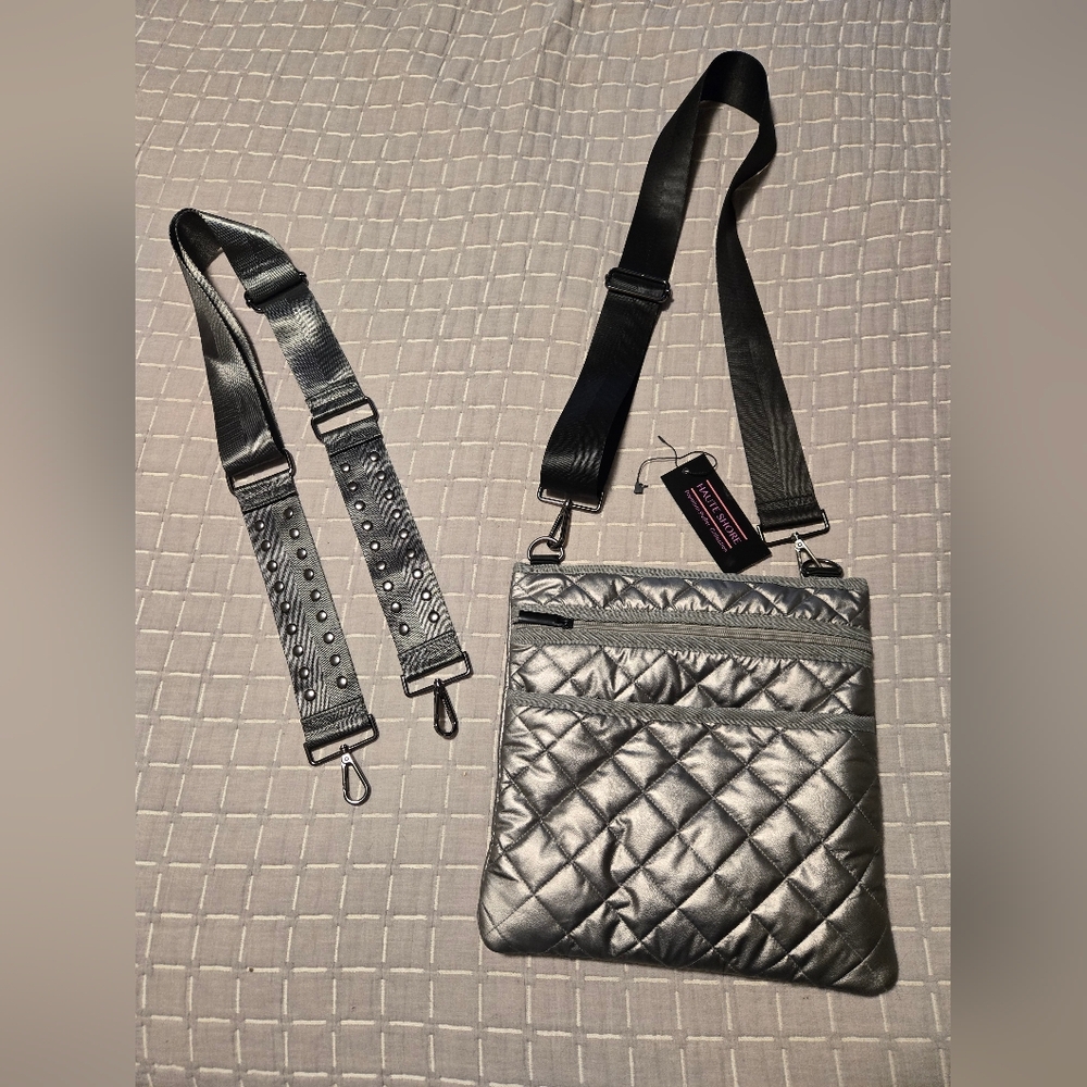 Pewter haute shore Quilted Crossbody Bag with Two Adjustable Straps